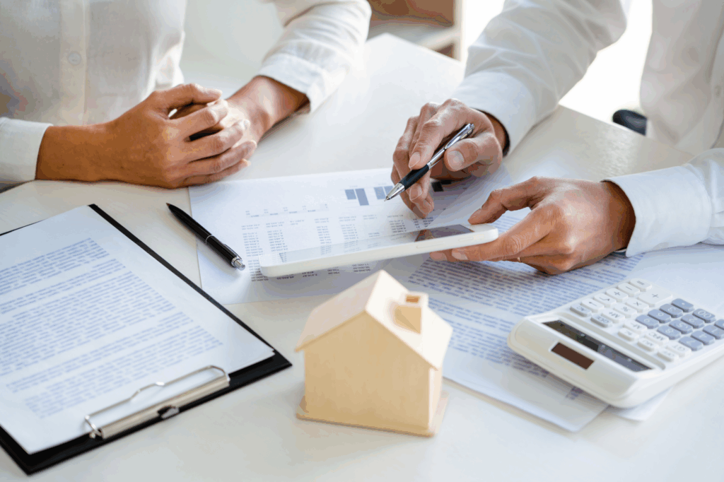 First-time homebuyers in Texas reviewing mortgage documents and home buying finances with a real estate professional.