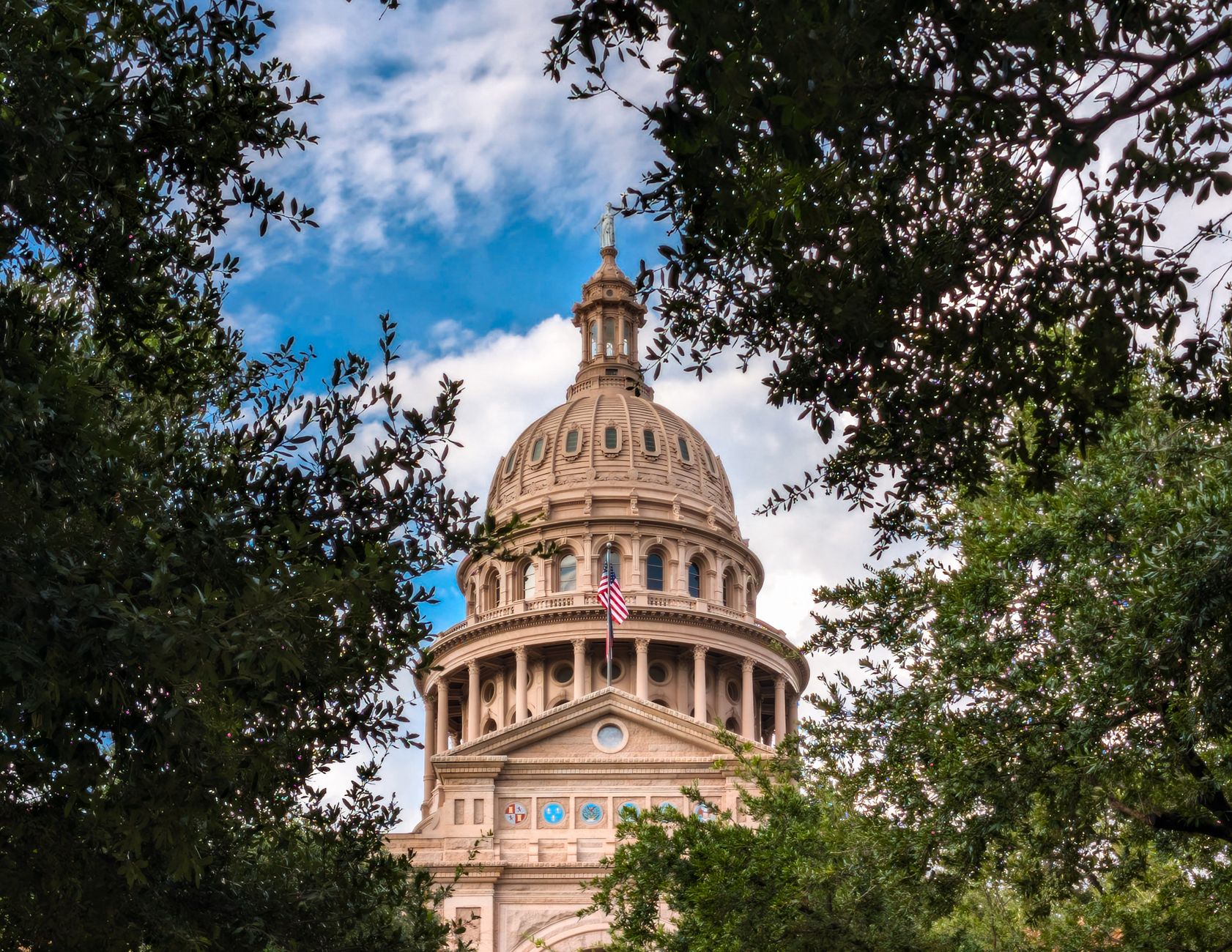 View of the iconic Texas State Capitol dome framed by lush trees under a vibrant sky in Austin, TX.